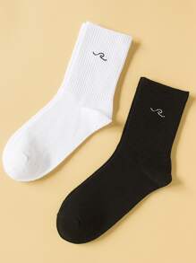 2 pares Calcetines de tripulación con estampado de onda - Blanco y Negro - Ver 2