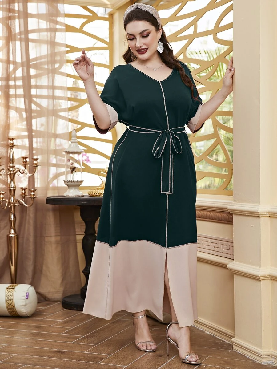 Al Najma Plus Two Tone Split Hem Belted Dress - Dark Green - View 1