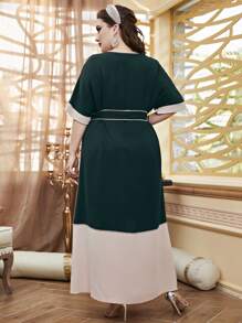 Al Najma Plus Two Tone Split Hem Belted Dress - Dark Green - View 2