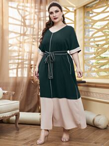 Al Najma Plus Two Tone Split Hem Belted Dress - Dark Green - View 3