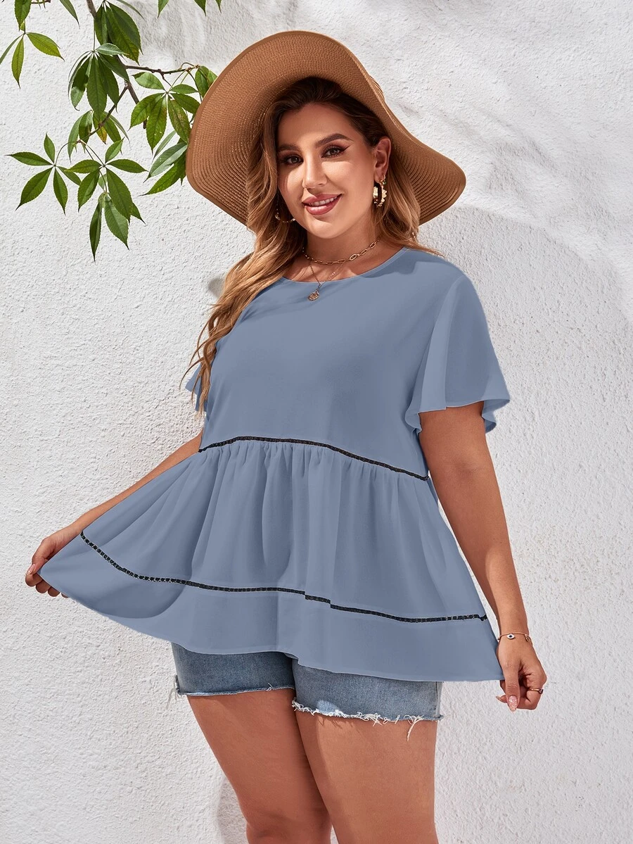 Mulvari Plus Butterfly Sleeve Peplum Blouse - Dusty Blue - View 1