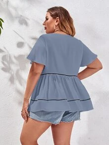 Mulvari Plus Butterfly Sleeve Peplum Blouse - Dusty Blue - View 2