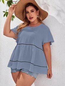 Mulvari Plus Butterfly Sleeve Peplum Blouse - Dusty Blue - View 5