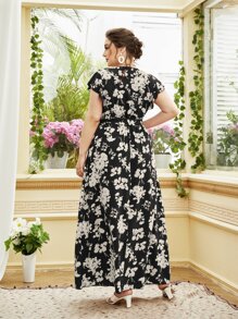 Modelyn Plus Size Floral Print Butterfly Sleeve Belted Dress - Black - View 3