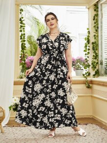 Modelyn Plus Size Floral Print Butterfly Sleeve Belted Dress - Black - View 4
