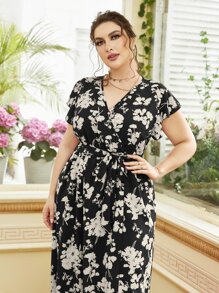 Modelyn Plus Size Floral Print Butterfly Sleeve Belted Dress - Black - View 5