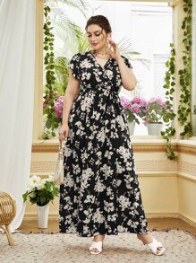 Modelyn Plus Size Floral Print Butterfly Sleeve Belted Dress - Black - View 6