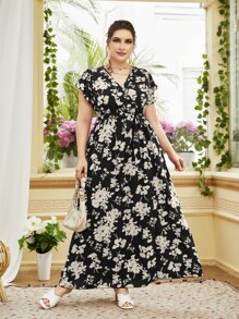 Modelyn Plus Size Floral Print Butterfly Sleeve Belted Dress - Black - View 8