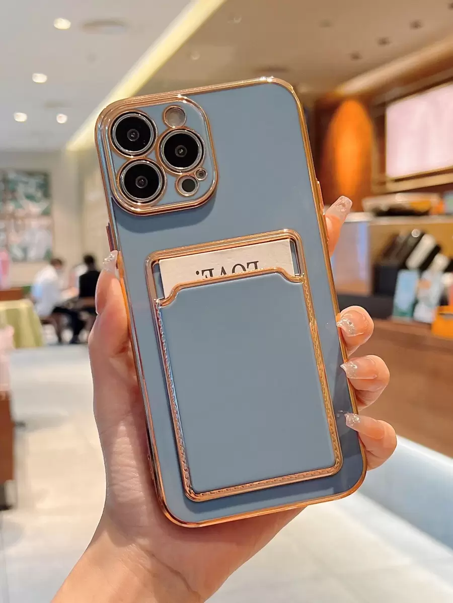 Contrast Frame Phone Case With Card Slot - Blue - View 1