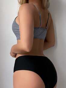 Swim Basics Summer Beach Vertical Striped Bikini Set Wireless Top & Hipster Bikini Bottom 2 Pieces Bathing Suit, Vacation Bikini - Black and White - View 2