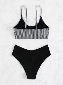 Swim Basics Summer Beach Vertical Striped Bikini Set Wireless Top & Hipster Bikini Bottom 2 Pieces Bathing Suit, Vacation Bikini - Black and White - View 3