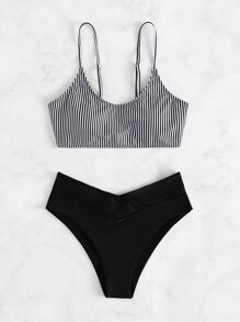 Swim Basics Summer Beach Vertical Striped Bikini Set Wireless Top & Hipster Bikini Bottom 2 Pieces Bathing Suit, Vacation Bikini - Black and White - View 4