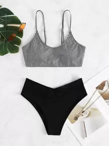Swim Basics Summer Beach Vertical Striped Bikini Set Wireless Top & Hipster Bikini Bottom 2 Pieces Bathing Suit, Vacation Bikini - Black and White - View 7