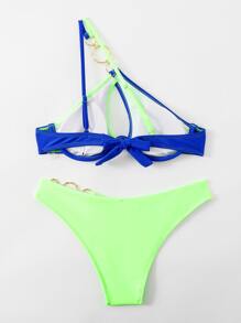 Two Tone Bikini Set Ring Linked Cut Out One Shoulder Underwire Bra & Bikini Bottom 2 Piece Bathing Suit - Multicolor - View 2