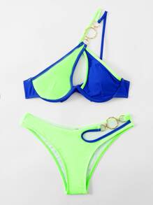 Two Tone Bikini Set Ring Linked Cut Out One Shoulder Underwire Bra & Bikini Bottom 2 Piece Bathing Suit - Multicolor - View 3