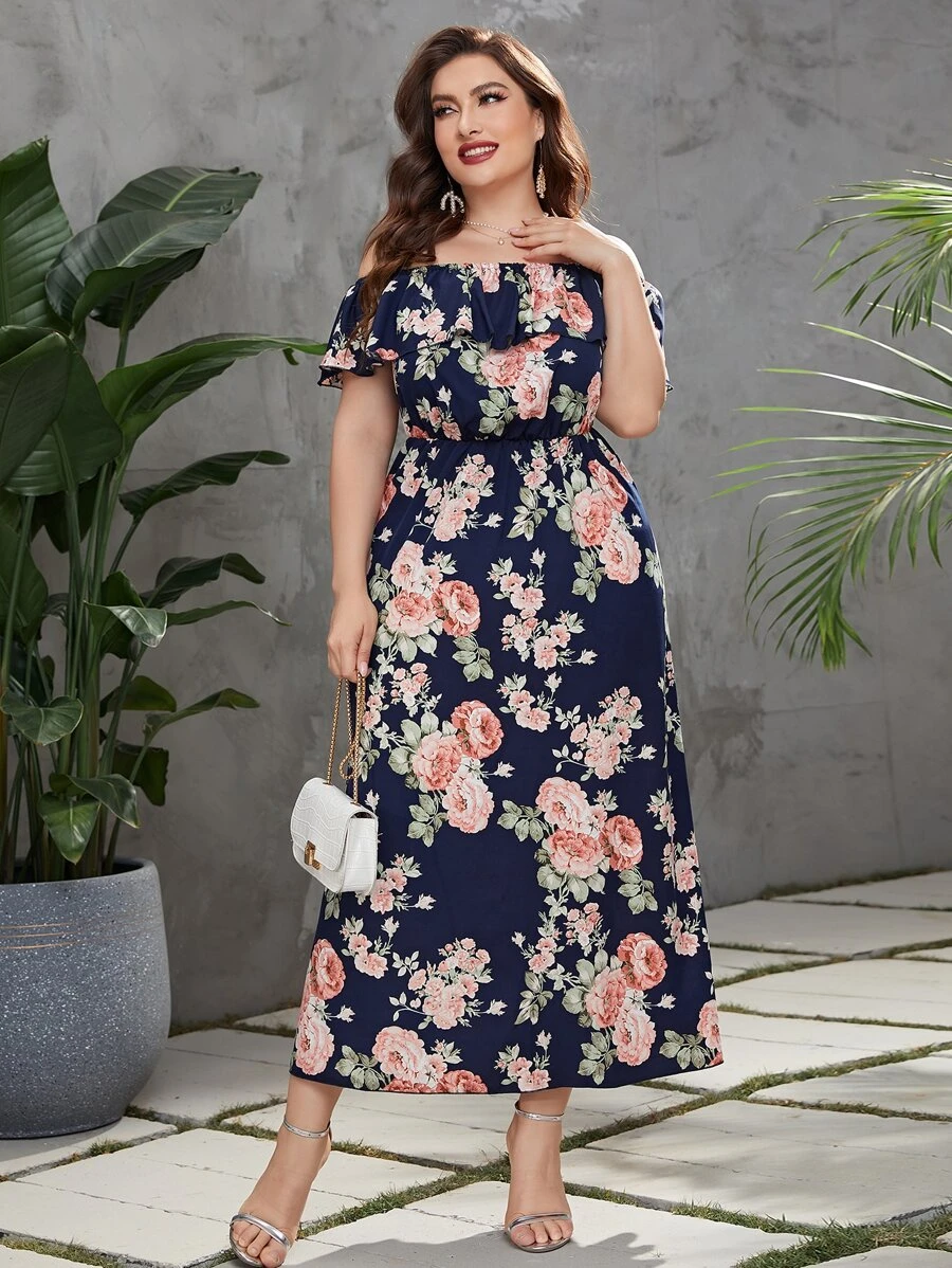 Modelyn Plus Floral Print Off Shoulder Ruffle Trim Dress - Multicolor - View 1