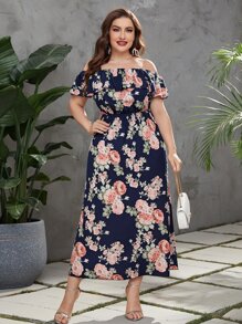 Modelyn Plus Floral Print Off Shoulder Ruffle Trim Dress - Multicolor - View 6