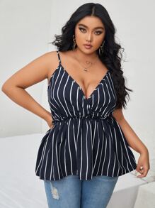 Plus Striped Surplice Peplum Hem Cami Top - Navy Blue - View 1