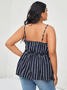 Plus Striped Surplice Peplum Hem Cami Top - Navy Blue - View 2