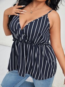 Plus Striped Surplice Peplum Hem Cami Top - Navy Blue - View 3
