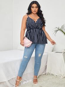 Plus Striped Surplice Peplum Hem Cami Top - Navy Blue - View 4