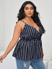 Plus Striped Surplice Peplum Hem Cami Top - Navy Blue - View 5