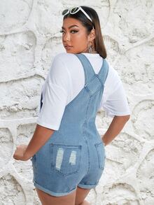 大碼破洞卷邊牛仔背帶褲不帶T恤 - 淺色水洗藍 - 查看 2