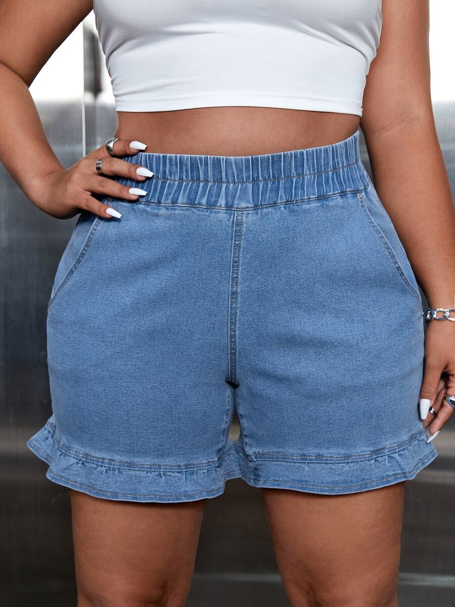 Shorts en mezclilla de cintura elástica bajo con fruncido - Lavado ligero - Ver 1