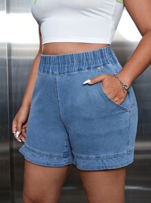 Shorts en mezclilla de cintura elástica bajo con fruncido - Lavado ligero - Ver 3