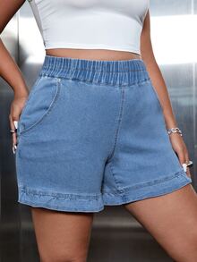 Shorts en mezclilla de cintura elástica bajo con fruncido - Lavado ligero - Ver 4