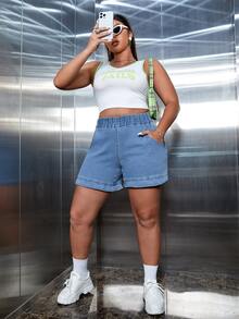 Shorts en mezclilla de cintura elástica bajo con fruncido - Lavado ligero - Ver 5