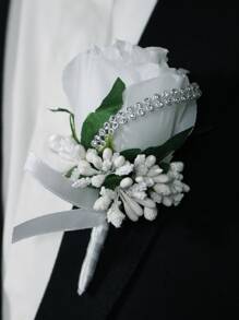 1pc Multicolor Rose Simulation Greenery Rhinestone Winding Brooch For Wedding Party Decoration Valentine's Day - White - View 2