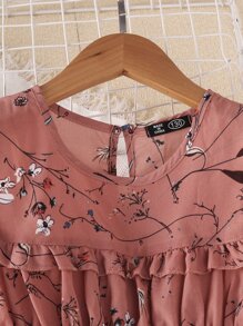 SHEIN Tween Girl Floral Print Keyhole Back Ruffle Hem Dress - Dusty Pink - View 3