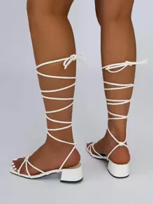 Women White Tie Leg Design Strappy Sandals, Fashionable Toe Post Chunky Heeled Sandals - White - View 4