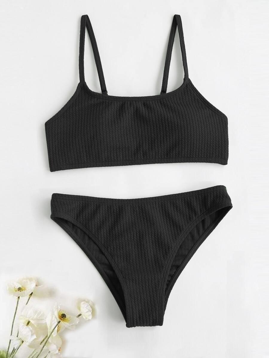 Tween Girl Solid Bikini Set Summer Beach - Black - View 1