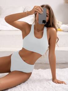 Ribbed Bikini Set Cross Back Tank Top & High Waisted Bottom 2 Piece Bathing Suit - White - View 2