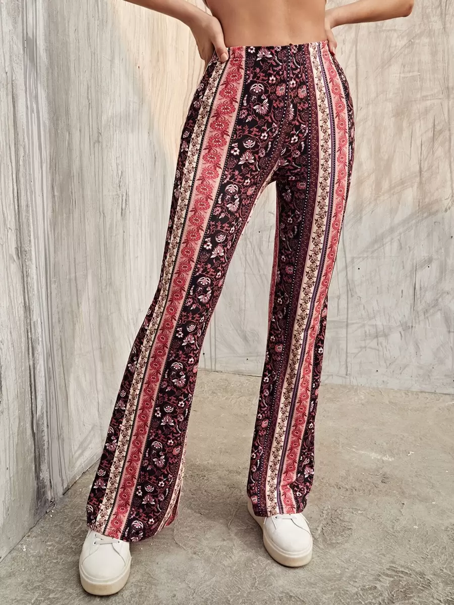 SHEIN VCAY Floral High Waist Flared Leg Trousers - Multicolor - View 1