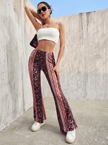 SHEIN VCAY Floral High Waist Flared Leg Trousers - Multicolor - View 3