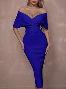 Surplice Neck Off Shoulder Backless Front Buckle Belted Cocktail Party Dress - Blue - View 1