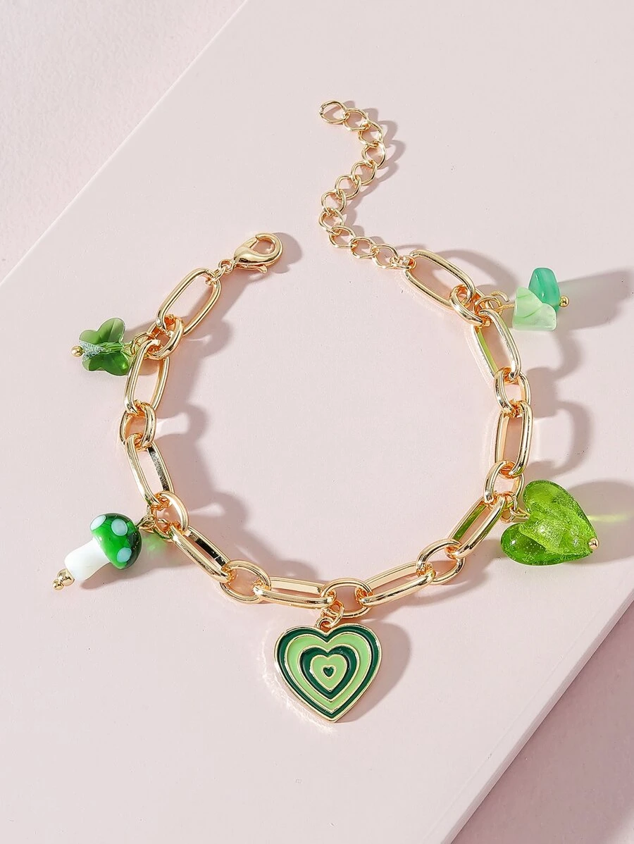 Vòng tay chuỗi charm hình trái tim & nấm - màu xanh lá - Xem 1