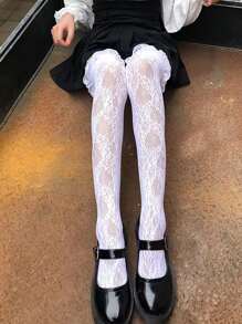 Ruffle Trim Over The Knee Socks - White - View 2