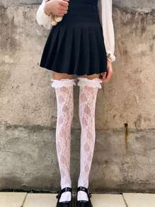 Ruffle Trim Over The Knee Socks - White - View 4