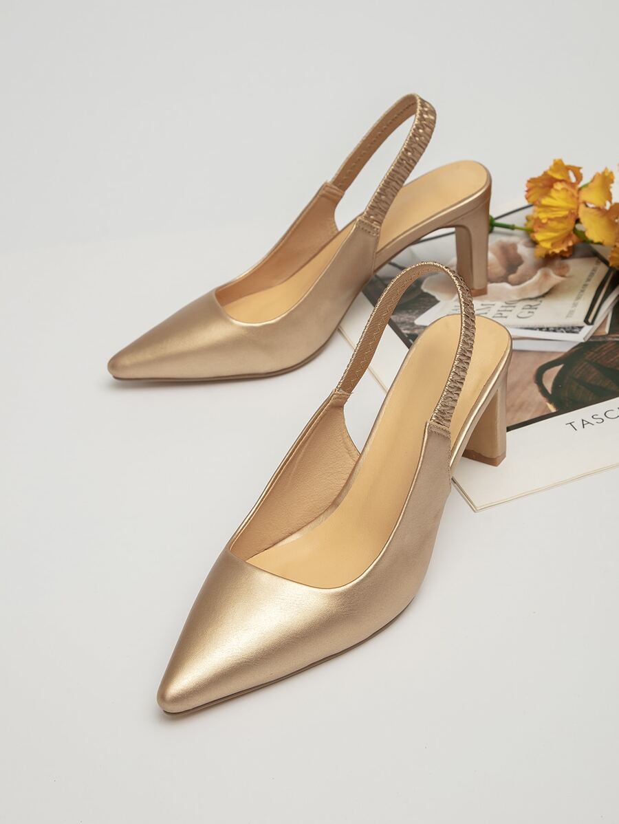 Chunky Heeled Slingback Pumps - Gold - View 1