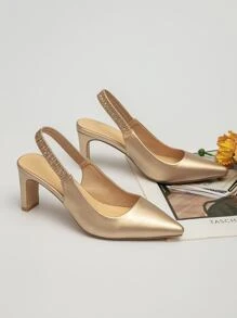 Chunky Heeled Slingback Pumps - Gold - View 2