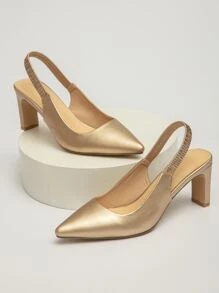 Chunky Heeled Slingback Pumps - Gold - View 4