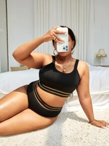 SHEIN Swim Curve Plus Mesh Panel Bikini Set Tank Top & High Waisted Bottom 2 Piece Bathing Suit - Black - View 1