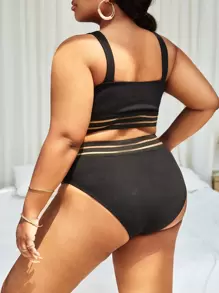 SHEIN Swim Curve Plus Mesh Panel Bikini Set Tank Top & High Waisted Bottom 2 Piece Bathing Suit - Black - View 2