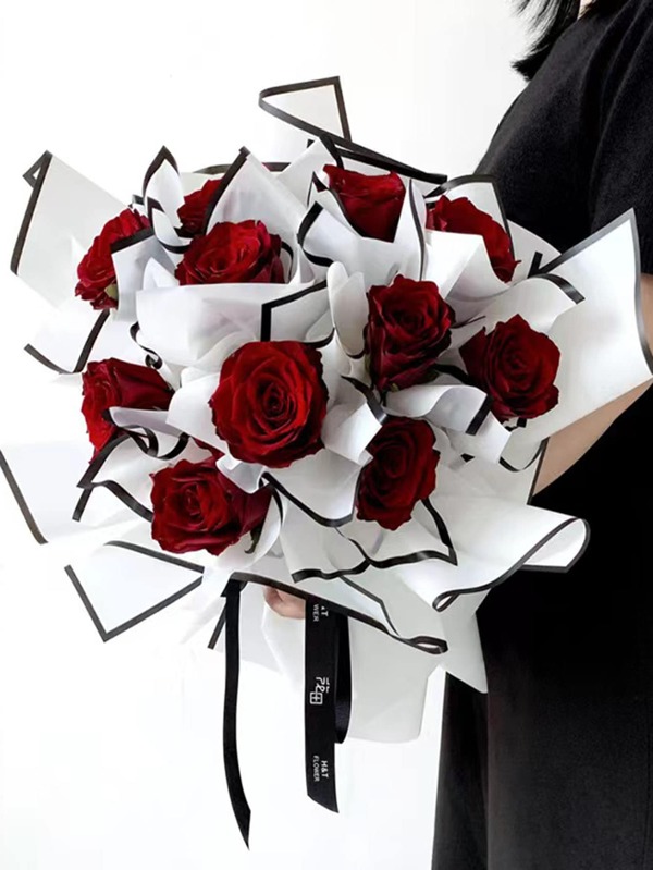 10pcs 58x58cm Black And White Nobility Wrapping Paper, Flower Bouquet Wrapping Paper, Waterproof