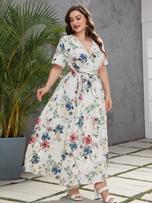 Mulvari 大碼印花交叉領繫腰帶洋裝 - 白色 - 查看 6