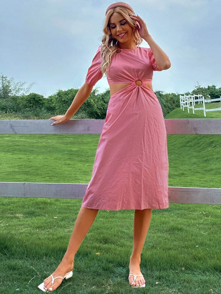 Vestido vinculado con aro con abertura de manga farol - Rosa - Añade 1